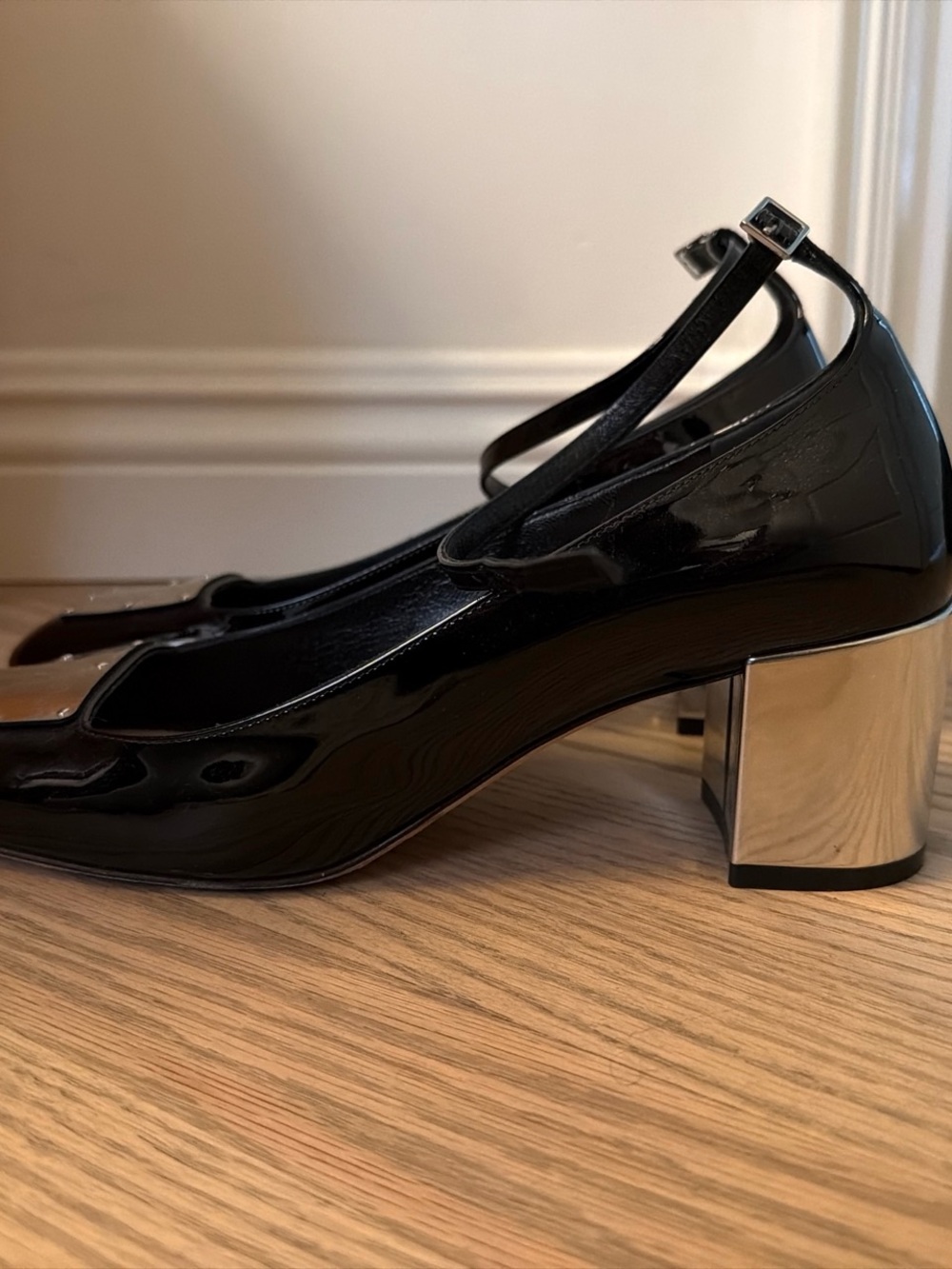 Dior Black Patent Leather Ankle-Strap Heels with Silver Plaque - Picture 3 of 5
